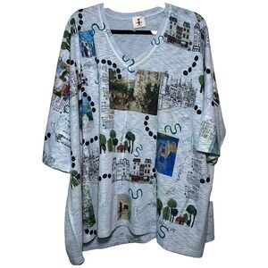 iNoah One Size Art Print Tunic Top Blue Dolman Sleeve Oversized Travel City